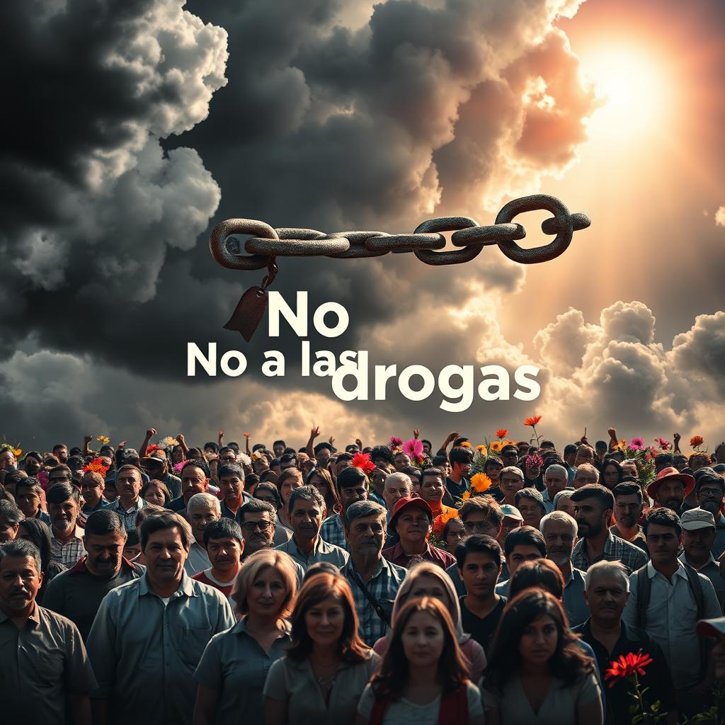 A powerful anti-drug campaign poster featuring a broken chain surrounded by ominous dark clouds dissipating into bright, hopeful skies