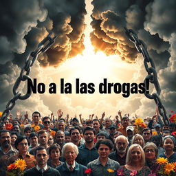 A powerful anti-drug campaign poster featuring a broken chain surrounded by ominous dark clouds dissipating into bright, hopeful skies