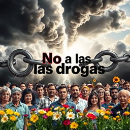 A powerful anti-drug campaign poster featuring a broken chain surrounded by ominous dark clouds dissipating into bright, hopeful skies