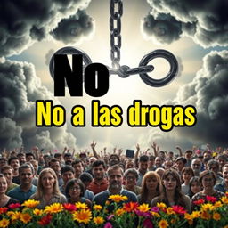 A powerful anti-drug campaign poster featuring a broken chain surrounded by ominous dark clouds dissipating into bright, hopeful skies