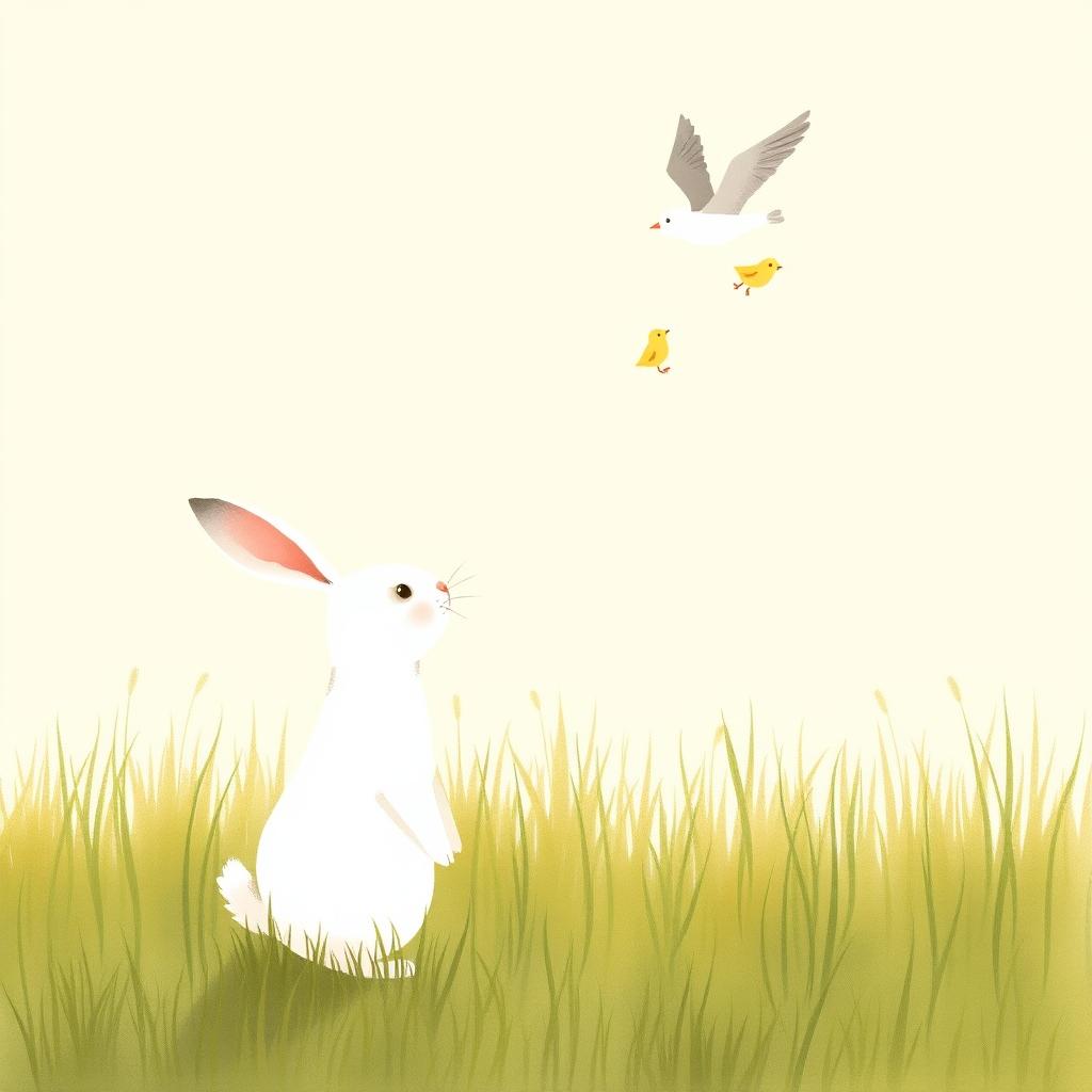 A small white rabbit stands on a grassy field, watching a mother bird flying with her chicks, depicted in Jon Klassen style