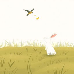 A small white rabbit stands on a grassy field, watching a mother bird flying with her chicks, depicted in Jon Klassen style