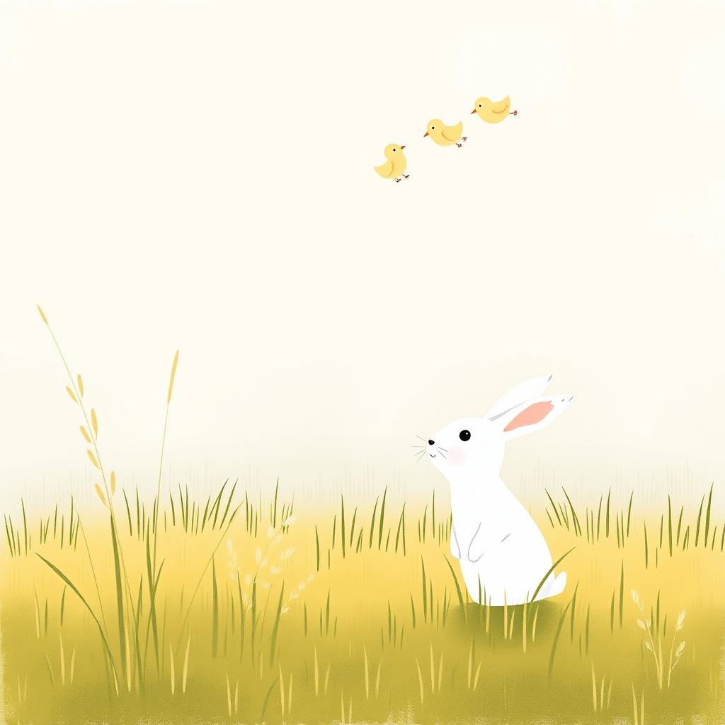 A small white rabbit stands on a grassy field, watching a mother bird flying with her chicks, depicted in Jon Klassen style