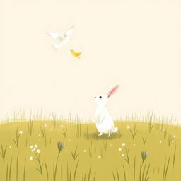 A small white rabbit stands on a grassy field, watching a mother bird flying with her chicks, depicted in Jon Klassen style