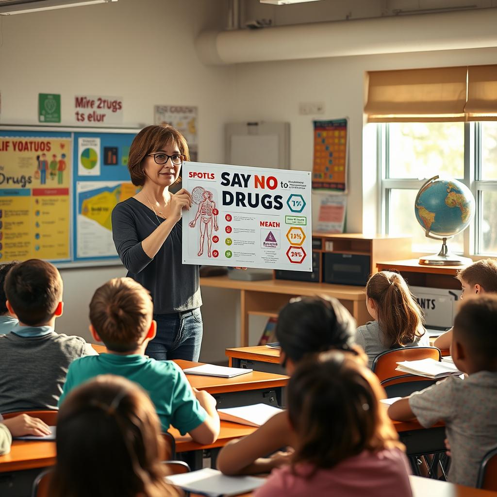 A vibrant scene in a high school classroom where a teacher is giving an engaging presentation about the dangers of illicit substances