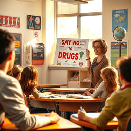 A vibrant scene in a high school classroom where a teacher is giving an engaging presentation about the dangers of illicit substances