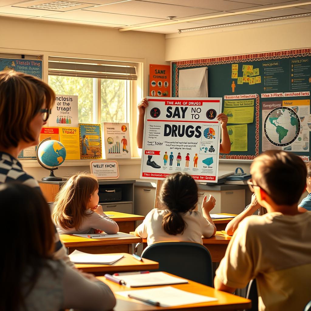 A vibrant scene in a high school classroom where a teacher is giving an engaging presentation about the dangers of illicit substances