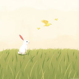 A small white rabbit stands on a grassy field, watching a mother bird flying with her chicks, rendered in Jon Klassen's style