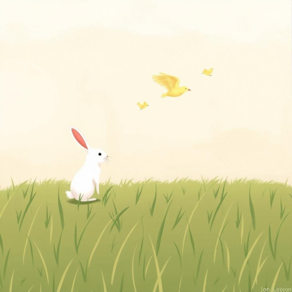 A small white rabbit stands on a grassy field, watching a mother bird flying with her chicks, rendered in Jon Klassen's style