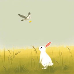 A small white rabbit stands on a grassy field, watching a mother bird flying with her chicks, rendered in Jon Klassen's style