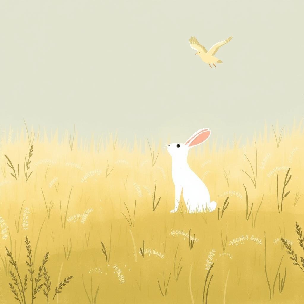 A small white rabbit stands on a grassy field, watching a mother bird flying with her chicks, rendered in Jon Klassen's style