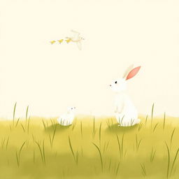 A small white rabbit stands on a grassy field, watching a mother bird flying with her chicks, rendered in Jon Klassen's style