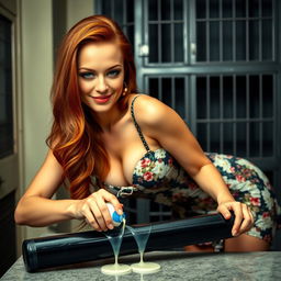 Close-up shot of a sexy redhead, with a smug smile, bending over a counter