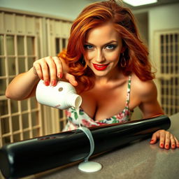 Close-up shot of a sexy redhead, with a smug smile, bending over a counter