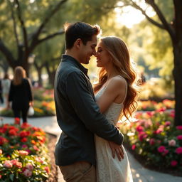 a couple engaged in intimate romantic embrace in a public park, surrounded by a lush garden with vibrant flowers, gentle sunlight filtering through the trees, creating a warm and inviting atmosphere