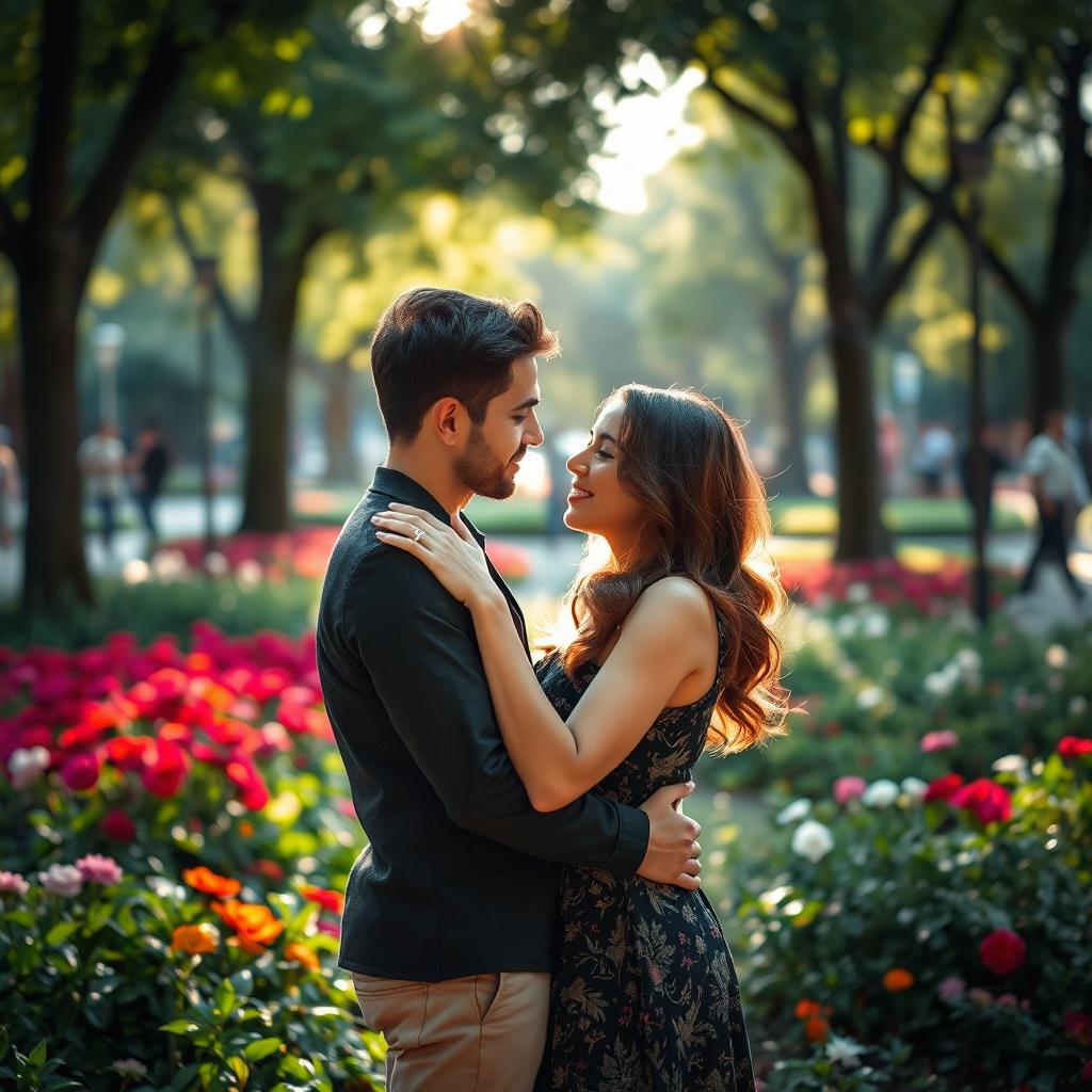 a couple engaged in intimate romantic embrace in a public park, surrounded by a lush garden with vibrant flowers, gentle sunlight filtering through the trees, creating a warm and inviting atmosphere