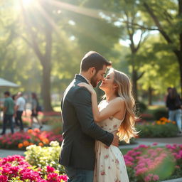 a couple engaged in intimate romantic embrace in a public park, surrounded by a lush garden with vibrant flowers, gentle sunlight filtering through the trees, creating a warm and inviting atmosphere