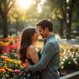 a couple engaged in intimate romantic embrace in a public park, surrounded by a lush garden with vibrant flowers, gentle sunlight filtering through the trees, creating a warm and inviting atmosphere