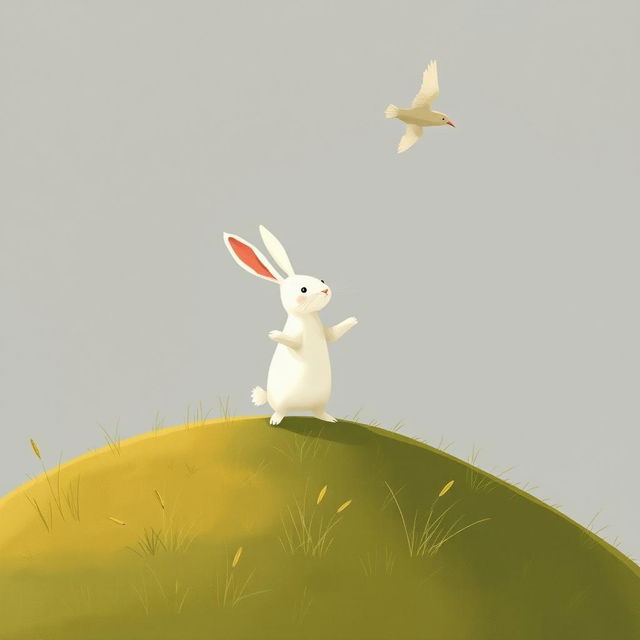 A small white rabbit stands on a grassy hill, imitating the flying motion as it watches a mother bird flying with her chicks