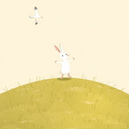 A small white rabbit stands on a grassy hill, imitating the flying motion as it watches a mother bird flying with her chicks