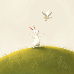 A small white rabbit stands on a grassy hill, imitating the flying motion as it watches a mother bird flying with her chicks