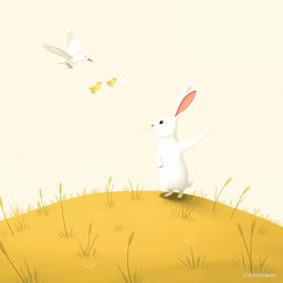 A small white rabbit stands on a grassy hill, imitating the flying motion as it watches a mother bird flying with her chicks