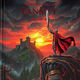 A captivating and dramatic cover for a fantasy novel, featuring a lone warrior in shining armor standing atop a cliff, sword raised high against a fiery sunset