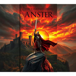 A captivating and dramatic cover for a fantasy novel, featuring a lone warrior in shining armor standing atop a cliff, sword raised high against a fiery sunset