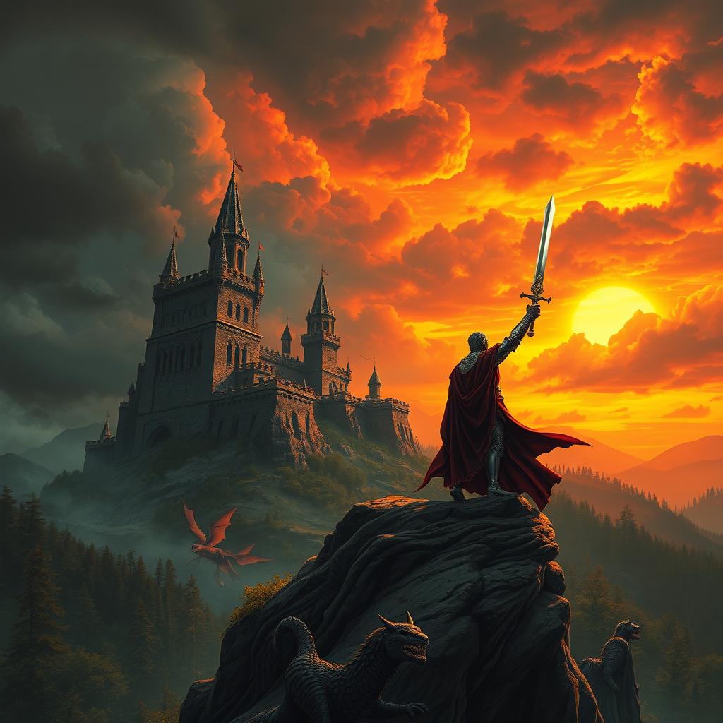 A captivating and dramatic cover for a fantasy novel, featuring a lone warrior in shining armor standing atop a cliff, sword raised high against a fiery sunset