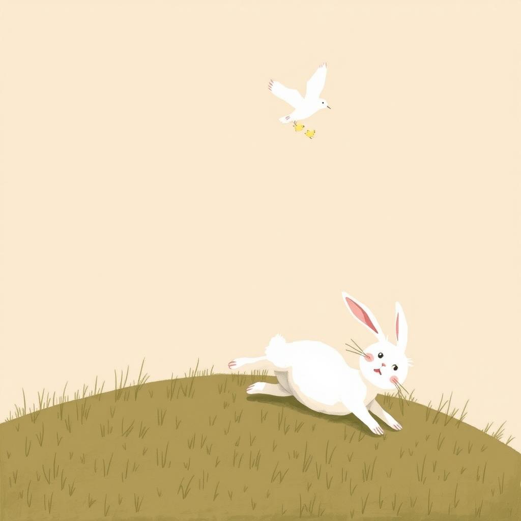 In the sky above, a mother bird flies gracefully with her chicks, while on a hillside below, a small white rabbit has tumbled and lies sprawled on the grassy slope