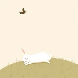 In the sky above, a mother bird flies gracefully with her chicks, while on a hillside below, a small white rabbit has tumbled and lies sprawled on the grassy slope