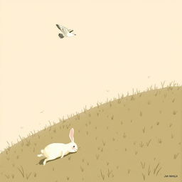 In the sky above, a mother bird flies gracefully with her chicks, while on a hillside below, a small white rabbit has tumbled and lies sprawled on the grassy slope