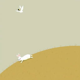 In the sky above, a mother bird flies gracefully with her chicks, while on a hillside below, a small white rabbit has tumbled and lies sprawled on the grassy slope