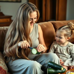 A mother with very long, silky, and loose hair, smiling as she skillfully carves zucchini, sits on a comfortable sofa