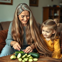 A mother with very long, silky, and loose hair, smiling as she skillfully carves zucchini, sits on a comfortable sofa