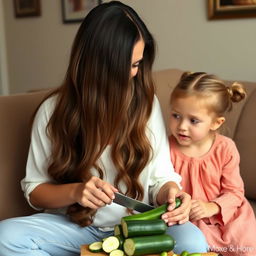 A mother with very long, silky, and loose hair, smiling as she skillfully carves zucchini, sits on a comfortable sofa