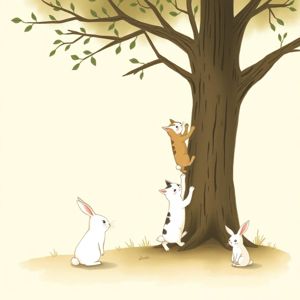 A small white rabbit stands under a tree, observing as a mother cat teaches her kittens how to climb