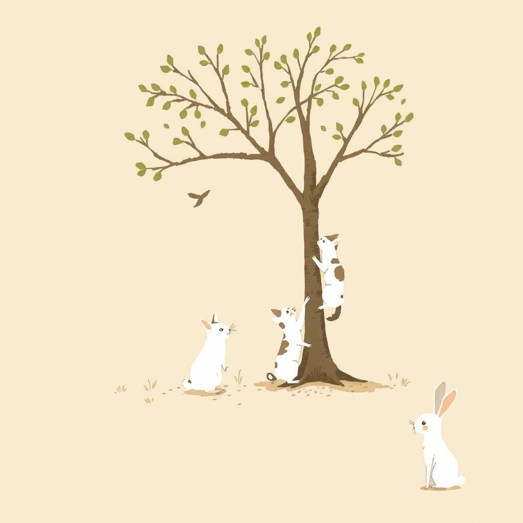 A small white rabbit stands under a tree, observing as a mother cat teaches her kittens how to climb