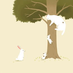 A small white rabbit stands under a tree, observing as a mother cat teaches her kittens how to climb