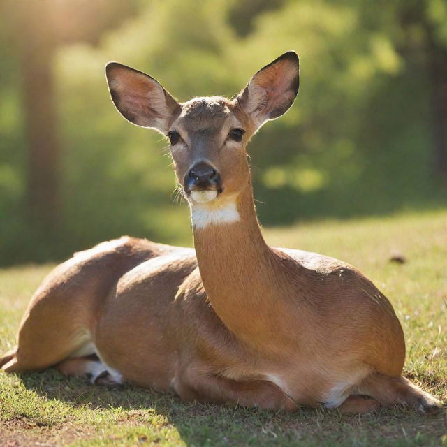 A radiant doe basking in the sun, showcasing a new, advanced tanning product that intensifies its natural, golden tan.