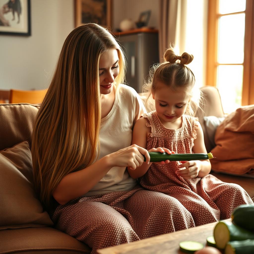 A mother with very long, silky, unbound hair sitting on a couch with her daughter, who has her hair tied up