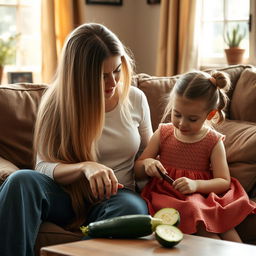 A mother with very long, silky, unbound hair sitting on a couch with her daughter, who has her hair tied up