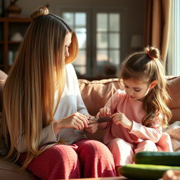 A mother with very long, silky, unbound hair sitting on a couch with her daughter, who has her hair tied up