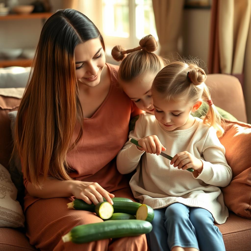 A mother with very long, silky, unbound hair sitting on a couch with her daughter, who has her hair tied up