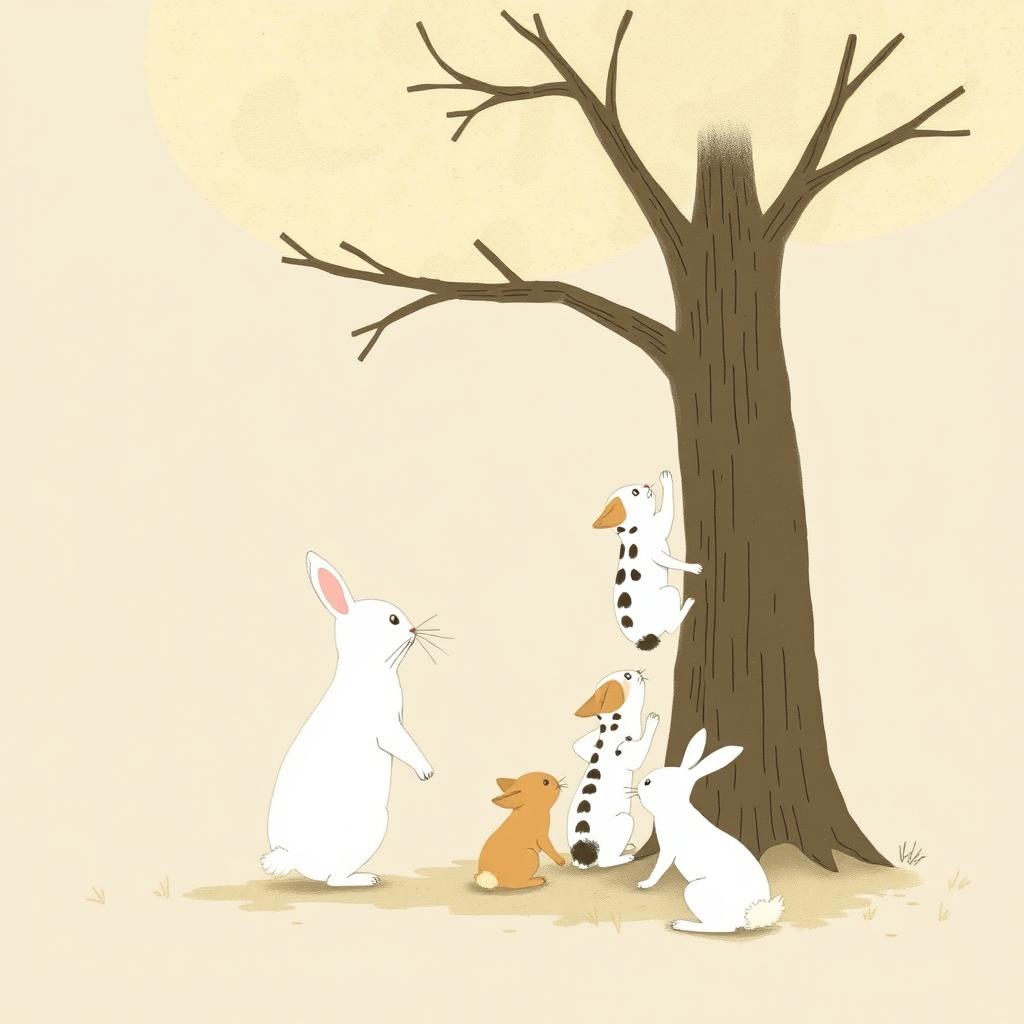 A small white rabbit stands under a tree, observing as a mother cat teaches her kittens how to climb