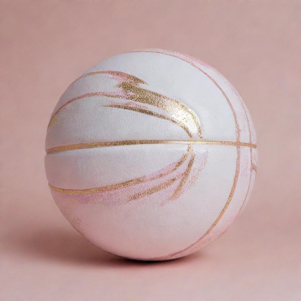 A uniquely designed basketball for the 'Angelica Arrows'. Primarily white, it features splashes of light pink and gold, adding a touch of elegance and femininity.