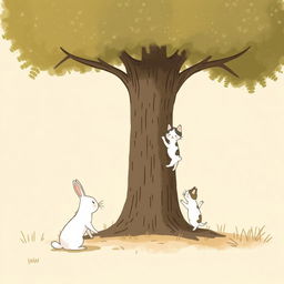 A small white rabbit stands under a tree, observing as a mother cat teaches her kittens how to climb