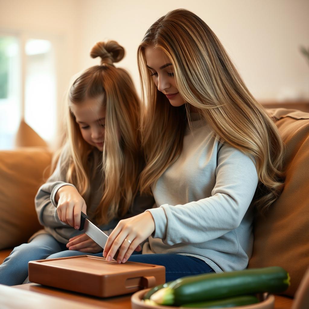 A mother with very long, soft, and flowing hair sitting on the couch with her daughter