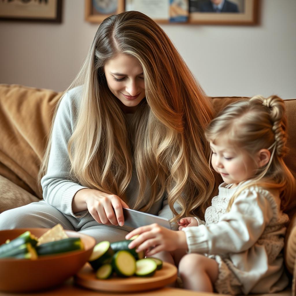 A mother with very long, soft, and flowing hair sitting on the couch with her daughter