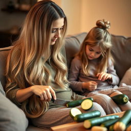 A mother with very long, soft, and flowing hair sitting on the couch with her daughter